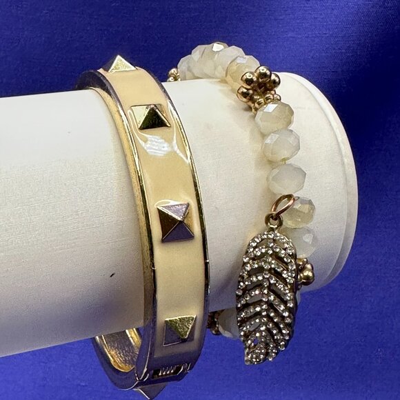 Set: GAP Gold-Tone Studded Hinged Bangle Bracelet & Stretch Bracelet w/Crystal A - Picture 1 of 13